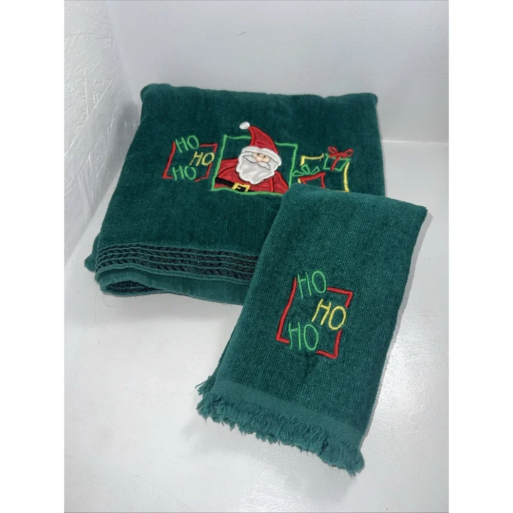 Vintage Santa Towel Set Bath & Hand Towel Green Ho, Ho, Ho Merry Christmas